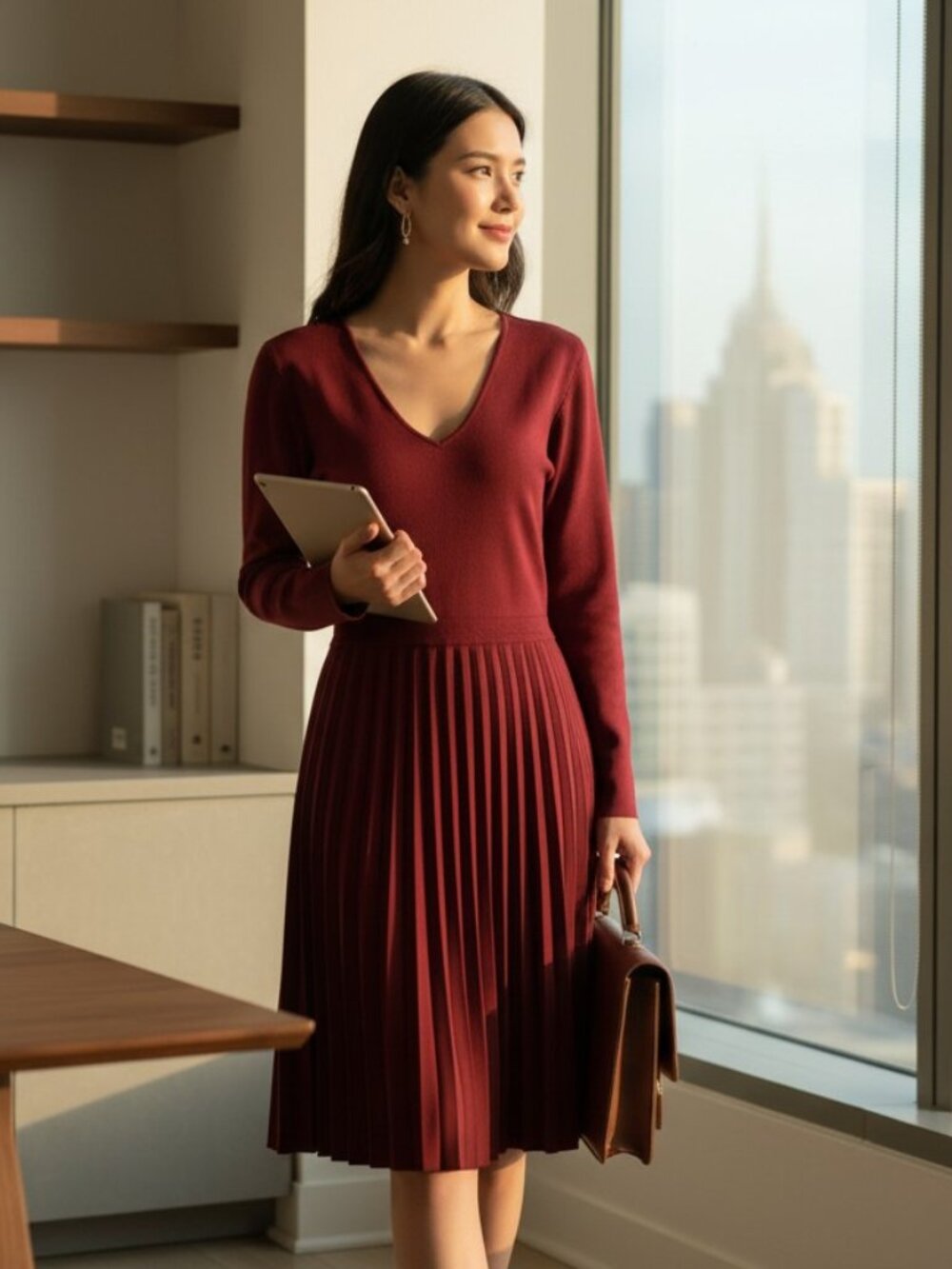 Talbots Burgundy V‑Neck Pleated Midi Dress